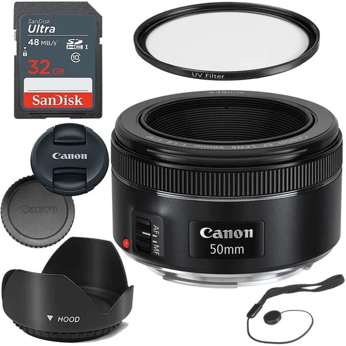 Canon EF 50mm f/1.8 STM Lens with Sandisk 32GB Memory Card | UV Filter & Cap Keeper