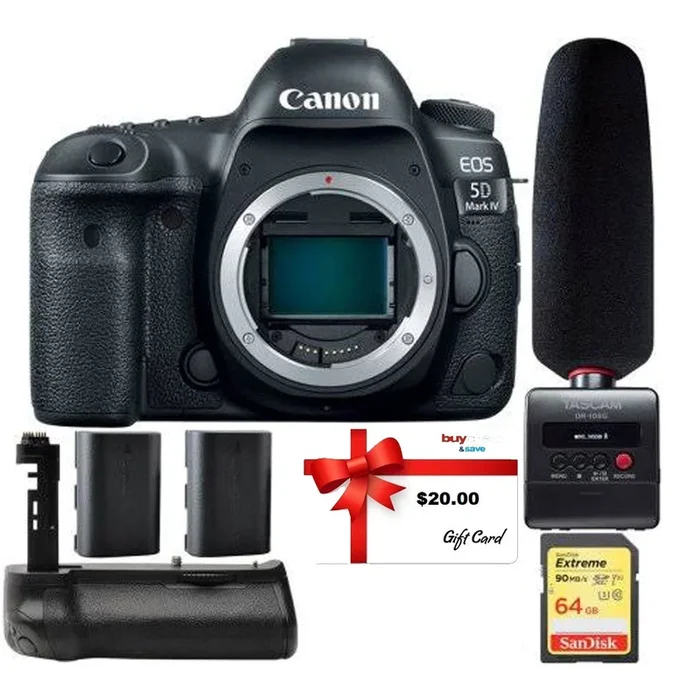 Canon EOS 5D Mark IV DSLR Camera + Tascam DR-10SG Audio Recorder & Microphone Kit
