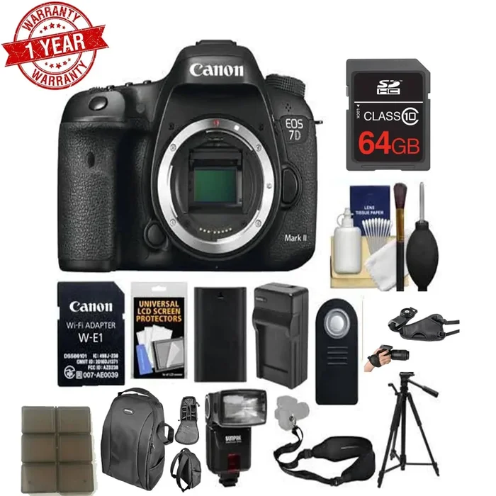 Canon EOS 7D Mark II Digital SLR Camera Body & Wi-Fi Adapter Kit + 64GB MC + Backpack Deluxe Bundle