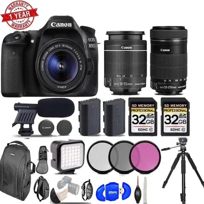 Canon Eos 80D DSLR Camera + 18-55mm STM Lens + Canon 55-250 Is STM – Video Kit