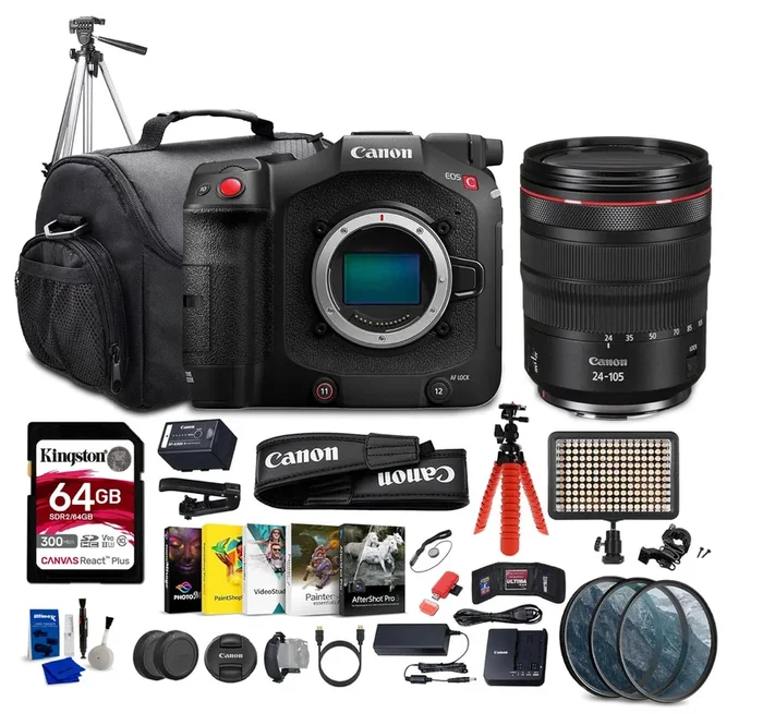 Canon EOS C80 6K Full-Frame Cinema Camera (Canon RF) (6389C002) + Canon RF 24-105mm Lens + 64GB Card + LED Light + Tripod + Photography Software + Cleaning Kit + Camera Bag Bundle