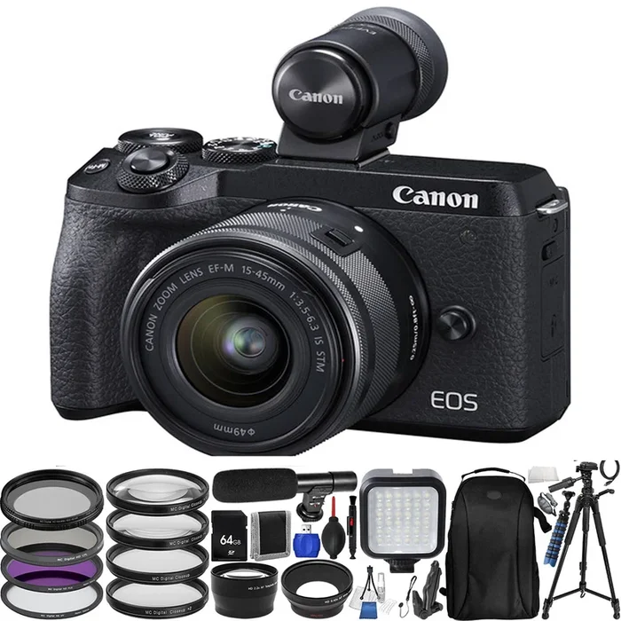 Canon EOS M6 Mark II Mirrorless Digital Camera with 15-45mm Lens | EVF-DC2 Viewfinder (Black) Mega Bundle