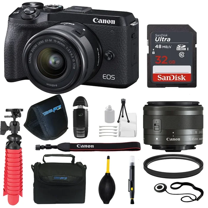 Canon EOS M6 Mark II Mirrorless Digital Camera with 15-45mm Lens with Sandisk 32GB Starter Package