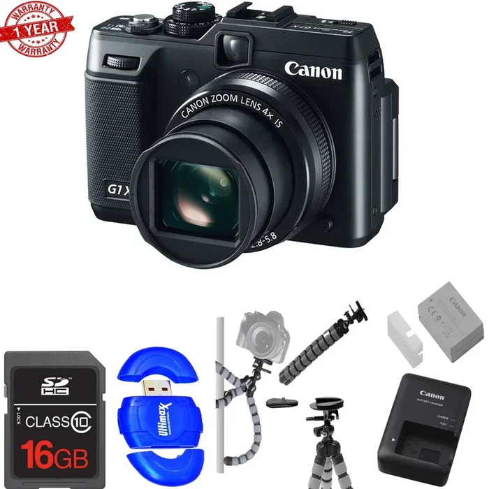 Canon PowerShot G1 X 14.3 MP CMOS Digital Camera W/ 16GB MC | Flexible Mini Tripod & MC Reader Bundle