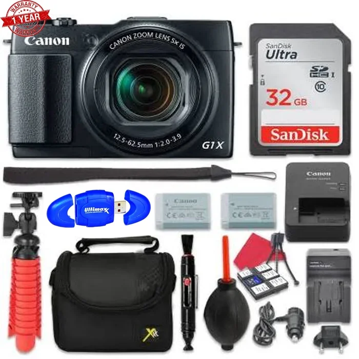 Canon PowerShot G1 X Digital Camera (Black) w/ 32GB MC | Spare Battery | Flexible Tripod | Cleaning Kit Bundle