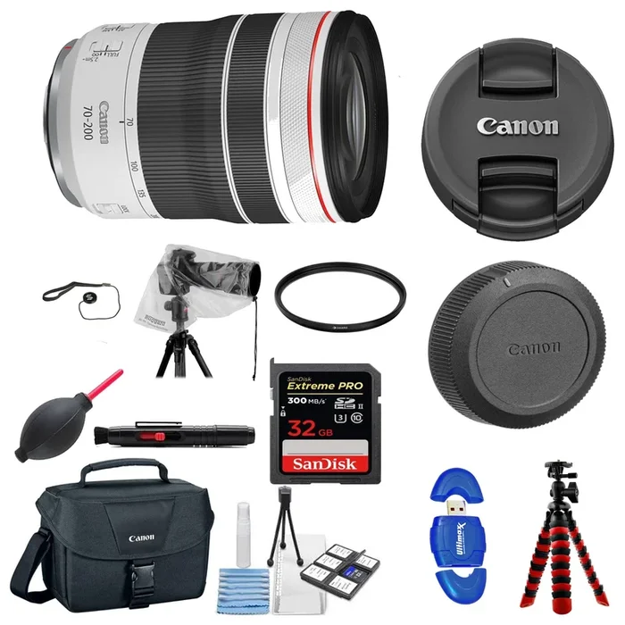 Canon RF 70-200mm f/4L IS USM Lens with LensRain Cover | Cleaning Kit 32 GB & UV Filter Package