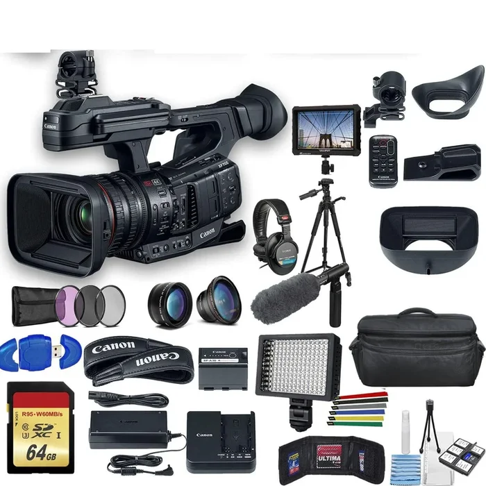 Canon XF705 4K 1″ Sensor XF-HEVC H.265 W/ Tripod, Padded Case, LED Light, 64GB MC, Sony Headphones External 4K Monitor, Sony ECM-VG1 Supreme Bundle