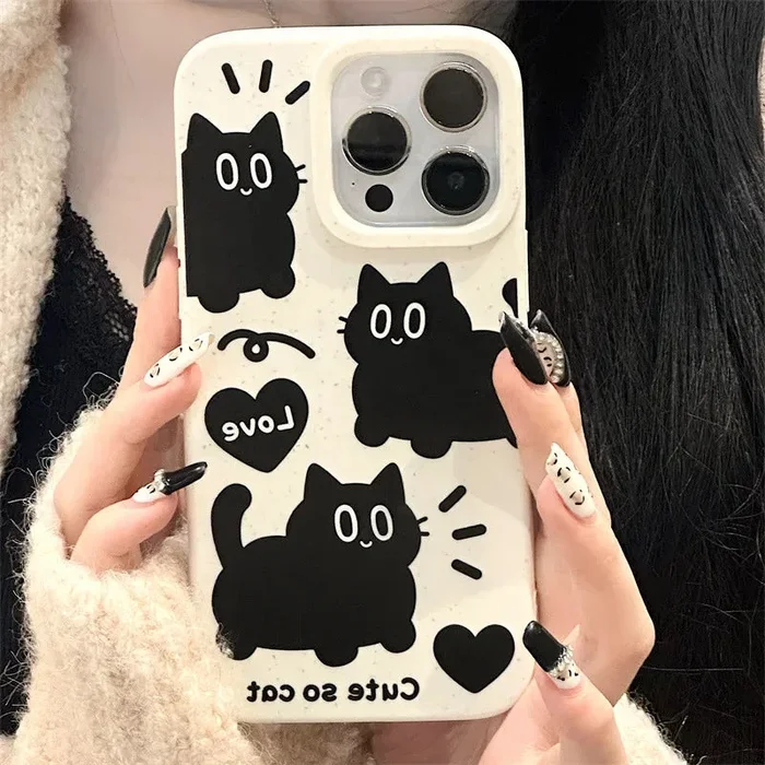 Cartoon Black Cat Wheat Straw Soft Silicone Cover Phone Case