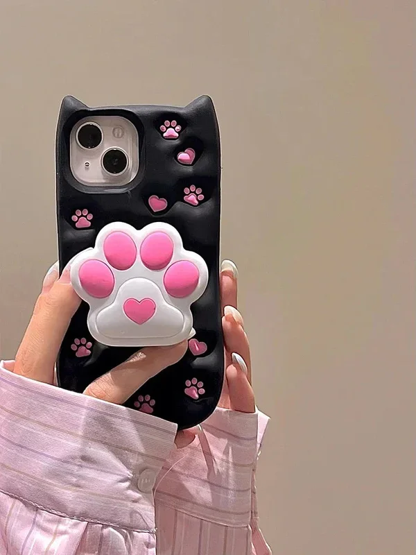 Cartoon Cute 3D Cat Paw Bracket Soft Silicone Phone Case