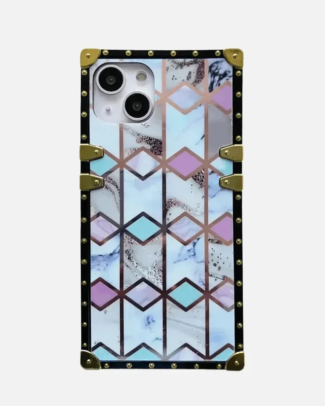 Geometric Marble Square Case – iPhone 13/14 Series – White/Gold – Luxury Bumper Cover with Gold Studded Frame for Women & Girls