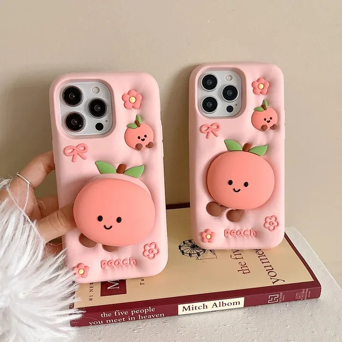 Kawaii Summer Fruit Floral Peach Bracket Soft Silicone Phone Case