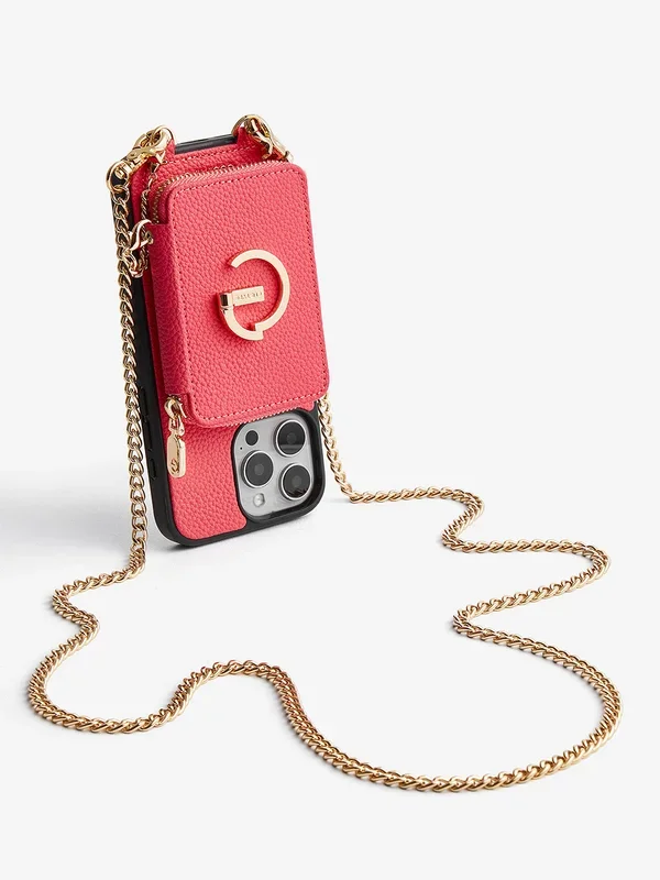 クラシックメタルチェーンストラップマグネット式レザーウォレットケース（iPhone用スタンド付き）