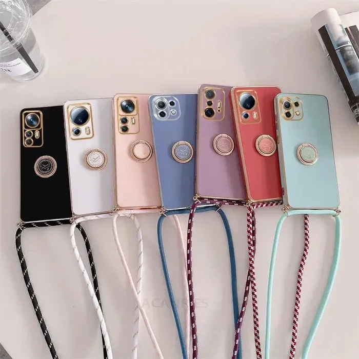 Luxury Plating Phone Case with Ring Holder and Cord Strap For Xiaomi Mi 12T 11T Pro 13 12 11 Lite 5G