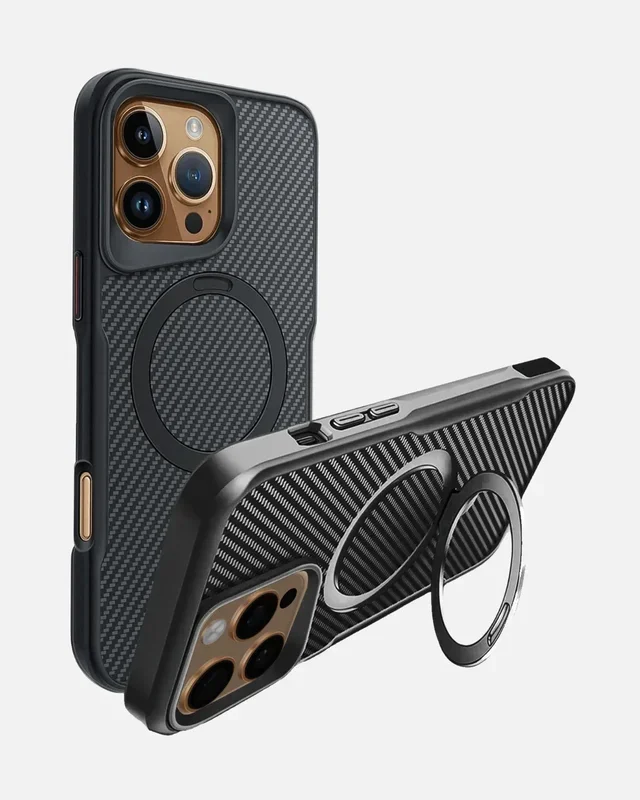 Magnetic Kickstand Case – iPhone 16 Pro Max – Black – Armor Carbon Fiber Series