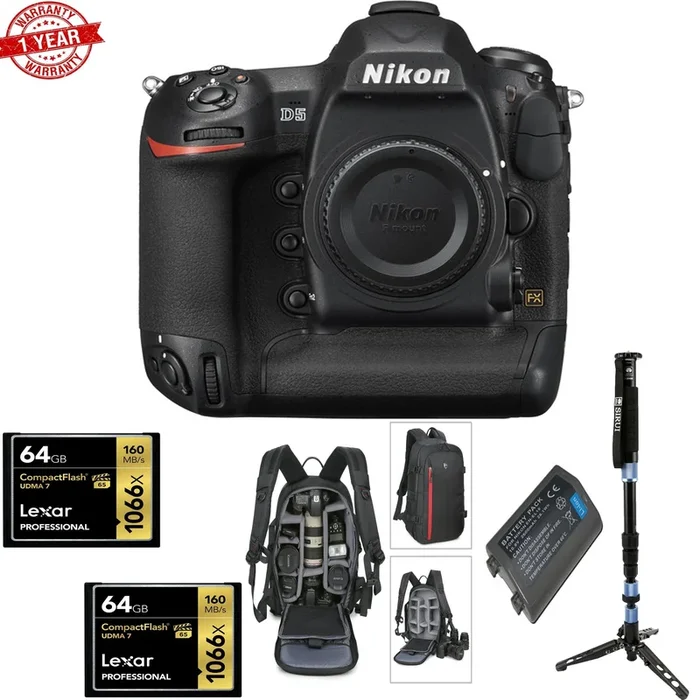 Nikon D5 DSLR Camera Body (CF Version) w/ DSLR Camera Backpack |2 Pack 64GB CF Memory Cards & Tripod