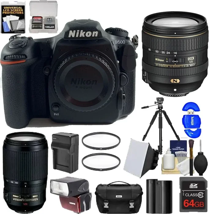 Nikon D500 Wi-Fi 4K Digital SLR Camera & 16-80mm VR Lens with 70-300mm VR Lens + 64GB Card + Case + Flash + Battery & Charger + More