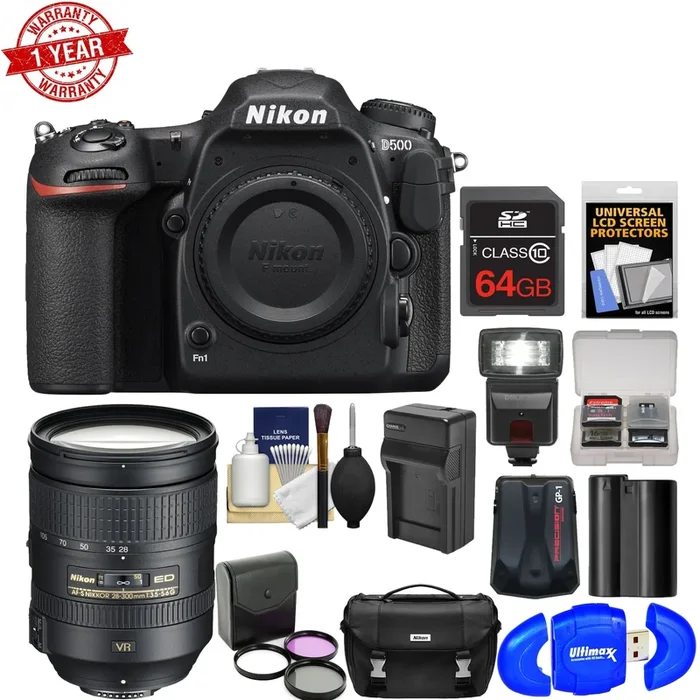 Nikon D500 Wi-Fi 4K Digital SLR Camera Body with 28-300mm VR Lens + 64GB Card + Case + Flash + Battery & Charger + Filters + Kit