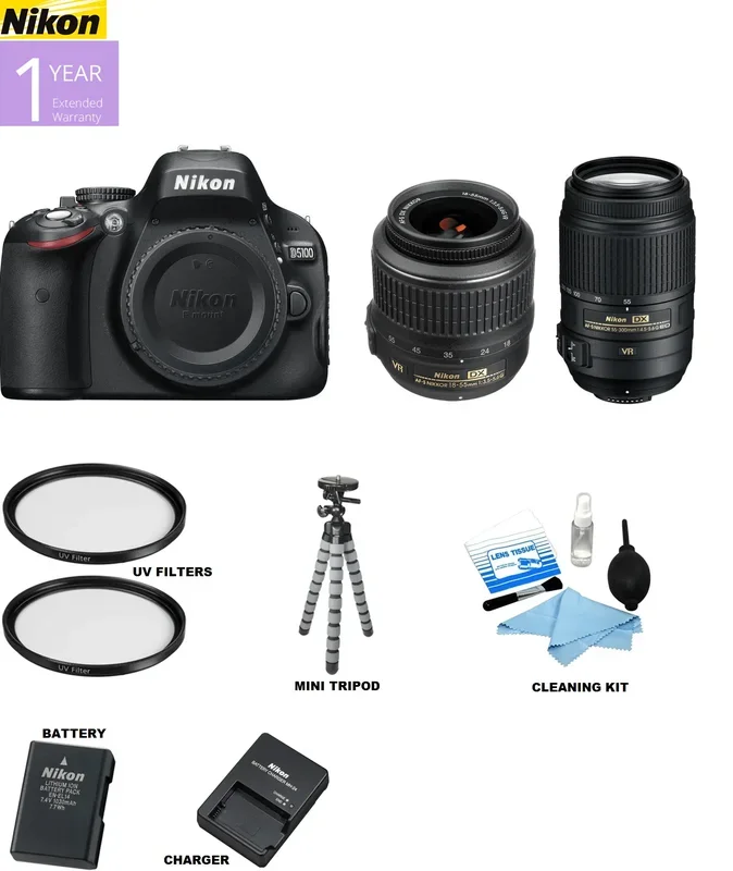 Nikon D5100/D5600 DSLR Camera with 18-55mm Lens & 55-300mm Lenses | UV Filters | Spider Tripod | Cleaning Kit
