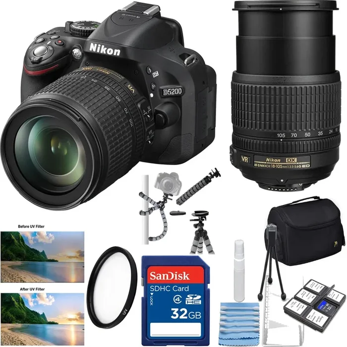 Nikon D5200/D5600 Digital SLR Camera with 18-105mm Lens (Black) with Sandisk 32GB |Spider Tripod | UV Filter & Cleaning Kit