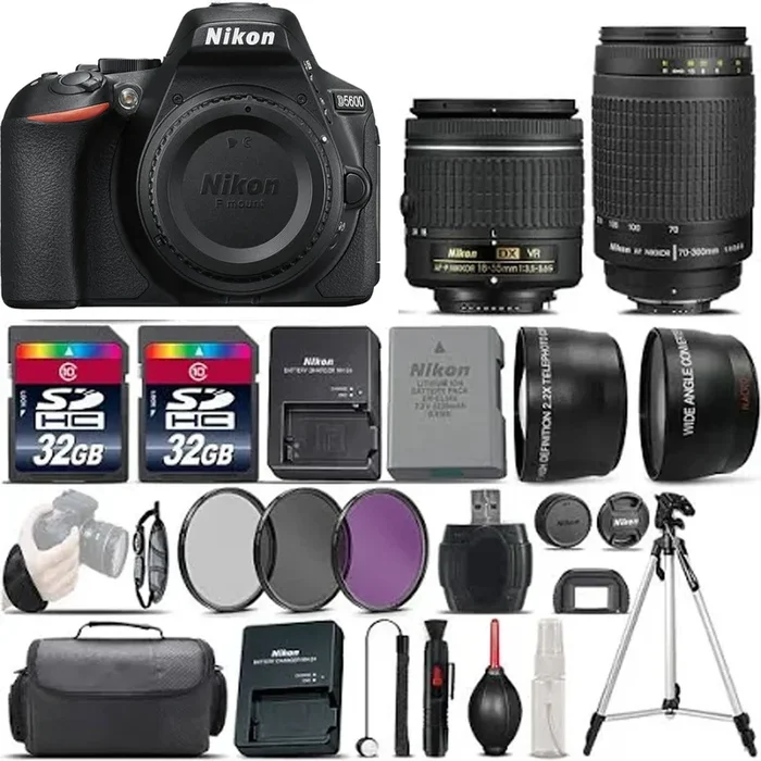 Nikon D5600 Digital SLR Camera + 18-55mm VR + Nikon 70-300mm + 64GB – 4 Lens Kit