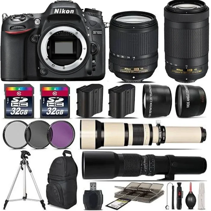 Nikon D7100 DSLR Camera + Nikon 18-55mm VR + 70-300mm VR + 500mm + Flash – 64GB Kit, Black
