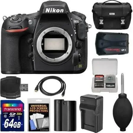 Nikon D810 Digital SLR Camera Body with 64GB Card + Battery & Charger + Case + GPS Adapter + Kit