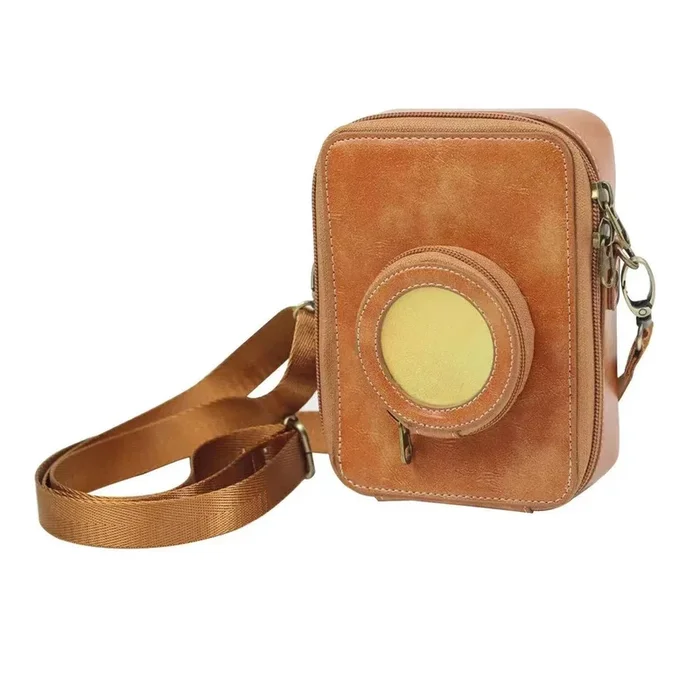 Pikxi Leather Carrying Bag for Instax Mini EVO with 2.5″ x 3″ Photo Pocket and Compact Lens Compartment (Brown)