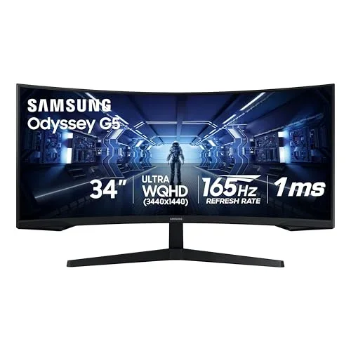Samsung 34′ Odyssey G5 Ultra-Wide Gaming Monitor with 1000R Curved Screen, 165Hz, 1ms, FreeSync Premium, Large Display, Eye Comfort, Multiple Ports, WQHD, LC34G55TWWNXZA, 2020, Black