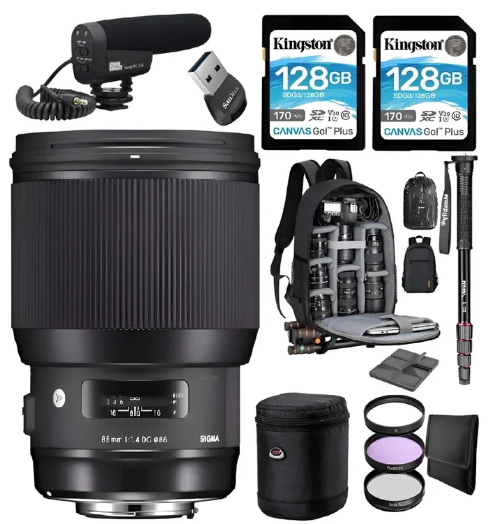Sigma 85mm f/1.4 DG HSM Art Lens For Canon EF With 2x Kingston 128GB MC + Lens Backpack + Microphone + Monopod + Lens Filter + More Travelers Bundle