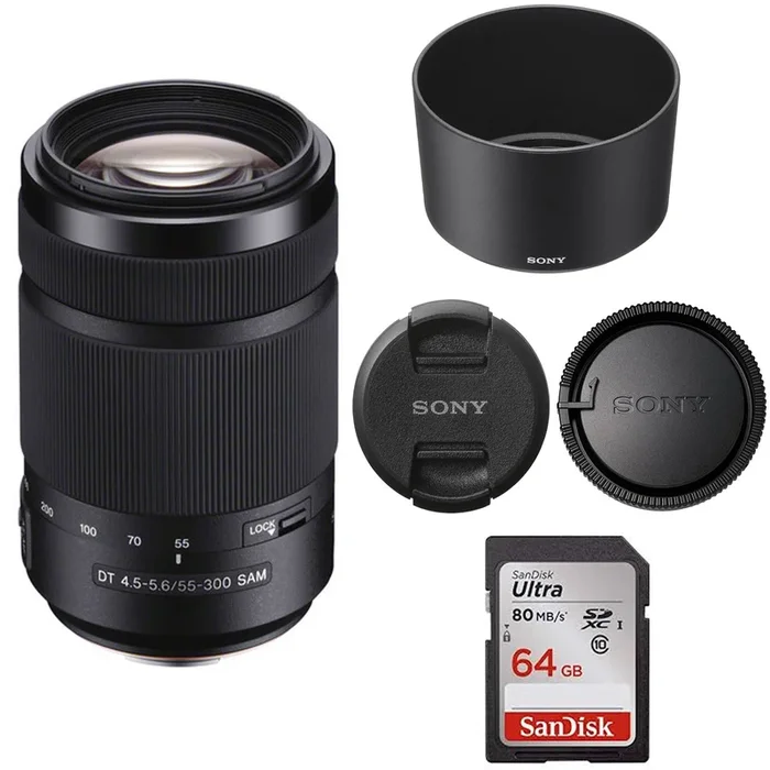 Sony DT 55-300mm f/4.5-5.6 SAM Lens with Sandisk 64GB Memory Card – SAL55300